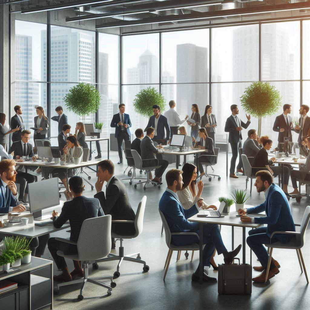 Grafika przedstawiająca biuro z otwarta przestrzenią na terenie Niemiec